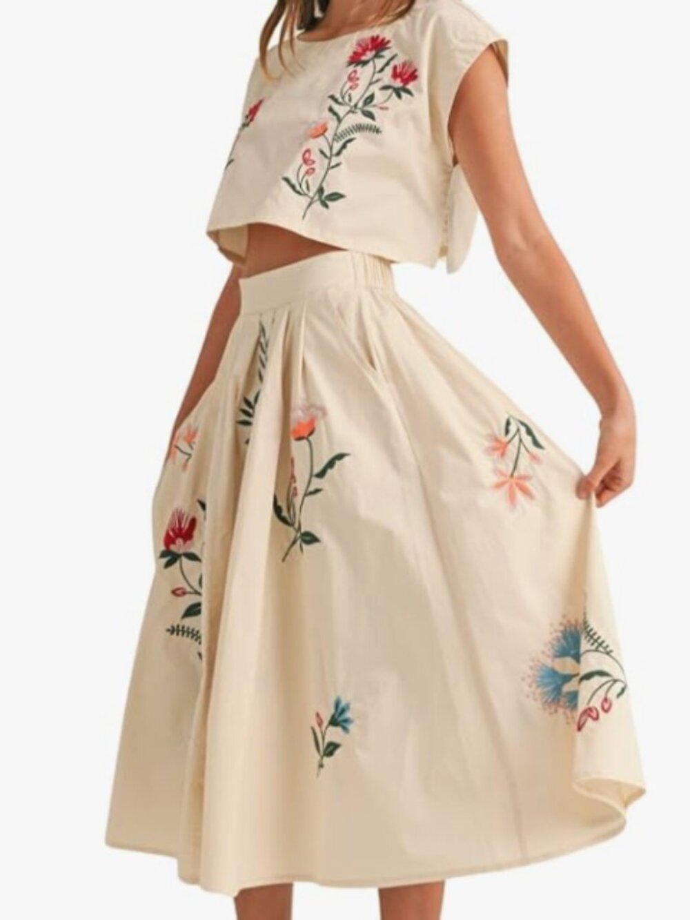 Women Floral Embroidery Dress Sleeveless 2 Piece Tank Top and Skirt Loose Fit Bo